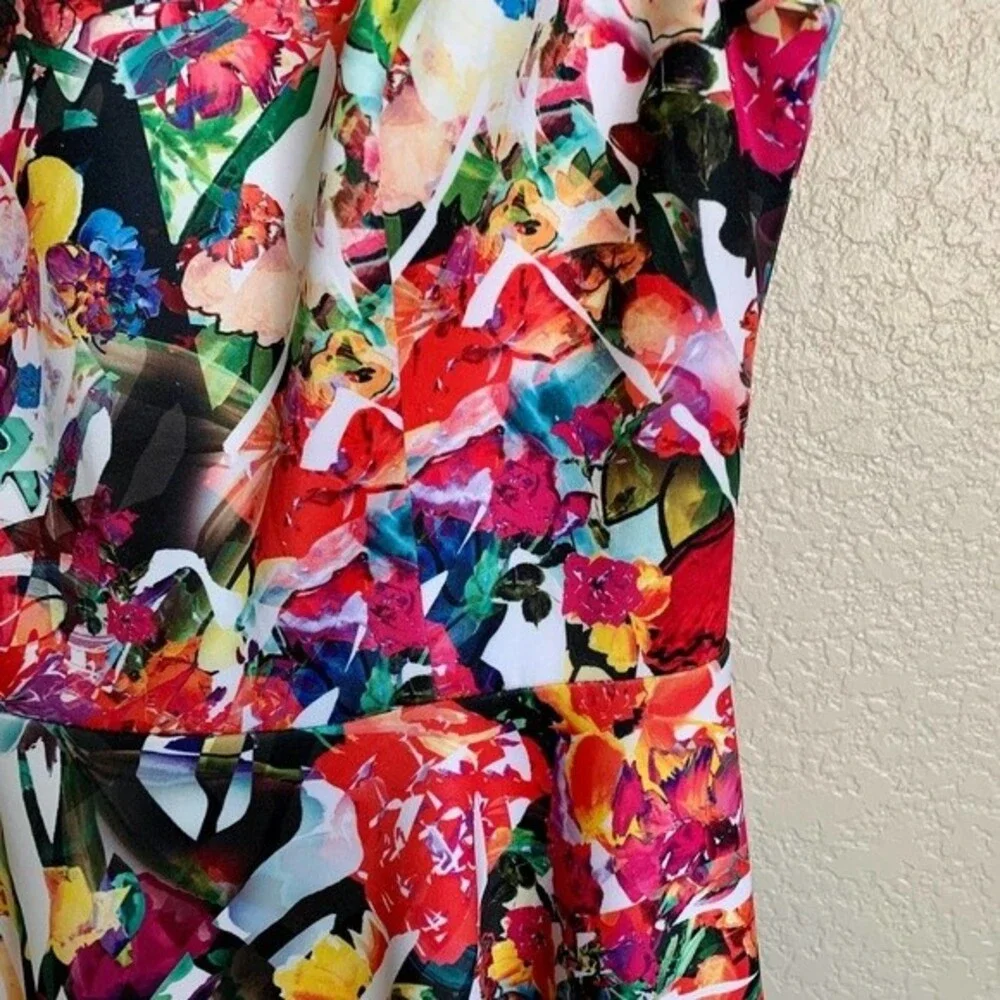 bebe red blue dress floral sleeveless fit and flare dress barbie core size S